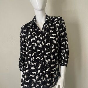 Frock Shop Black and White Cat Print 3/4 Sleeve Notched Collar Blouse